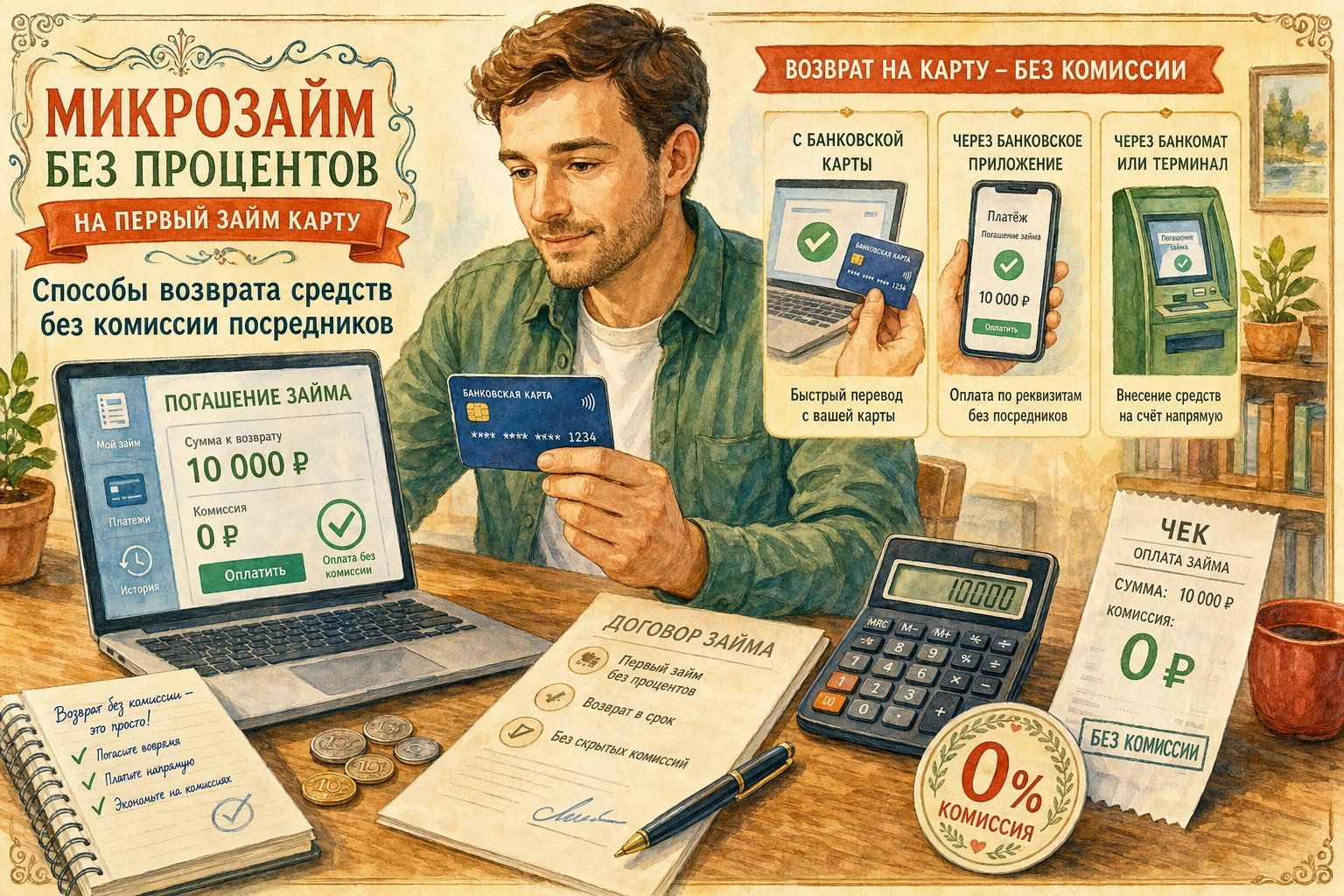 микрозайм без процентов на первый займ карту Способы возврата средств без комиссии посредников