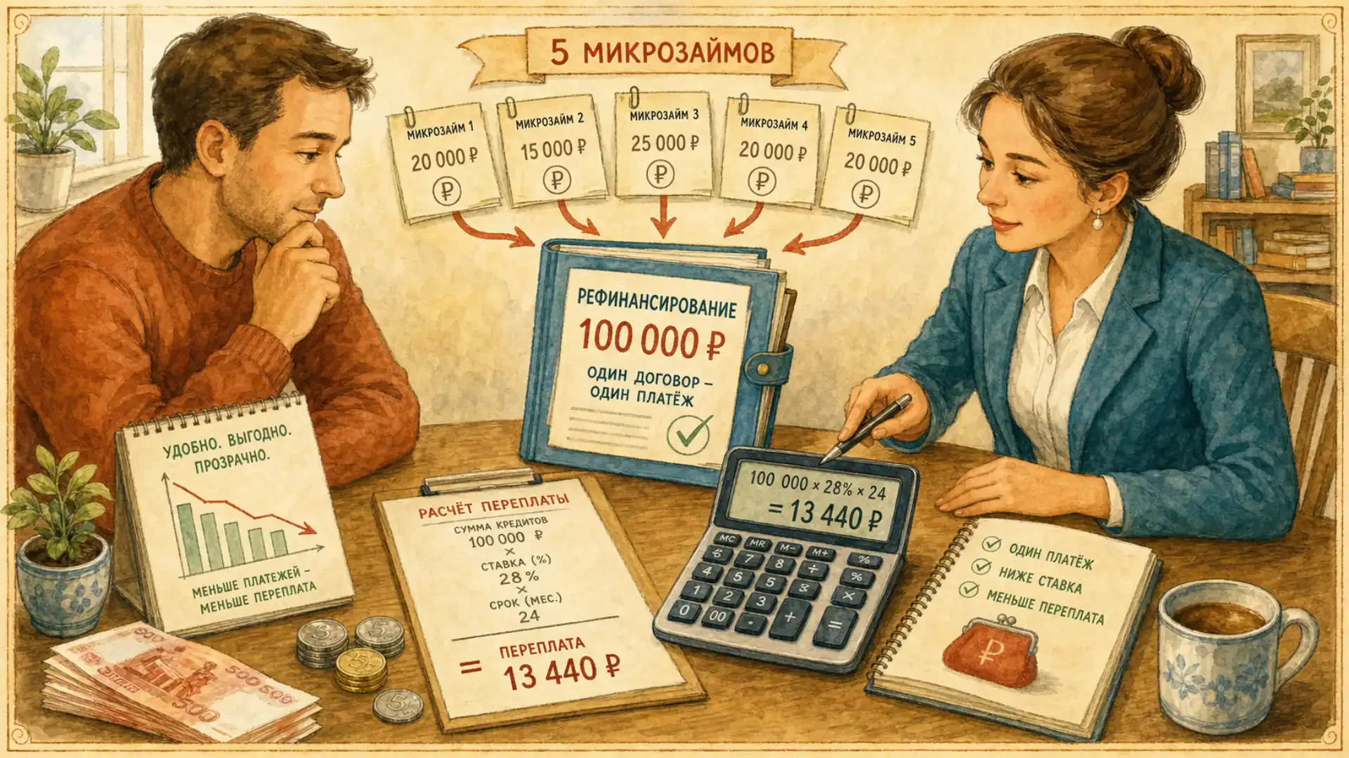 рефинансирование микрокредитов Расчет переплаты при объединении пяти займов на сумму 100 000 рублей
