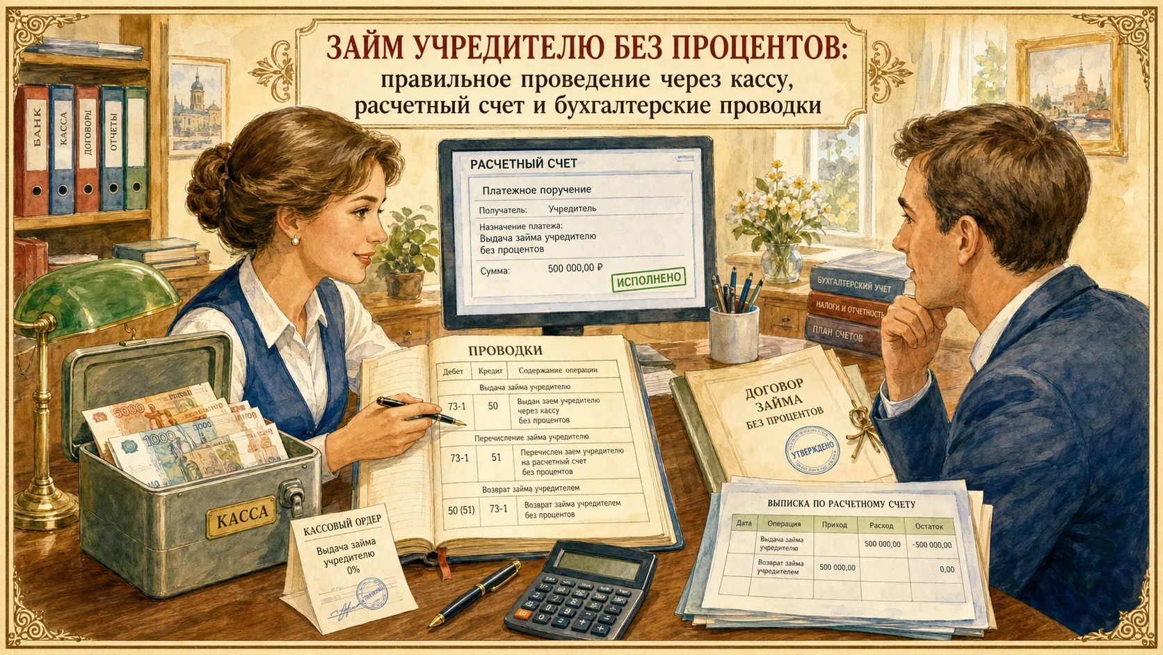 займ учредителю без процентов Правильное проведение через кассу, расчетный счет и бухгалтерские проводки